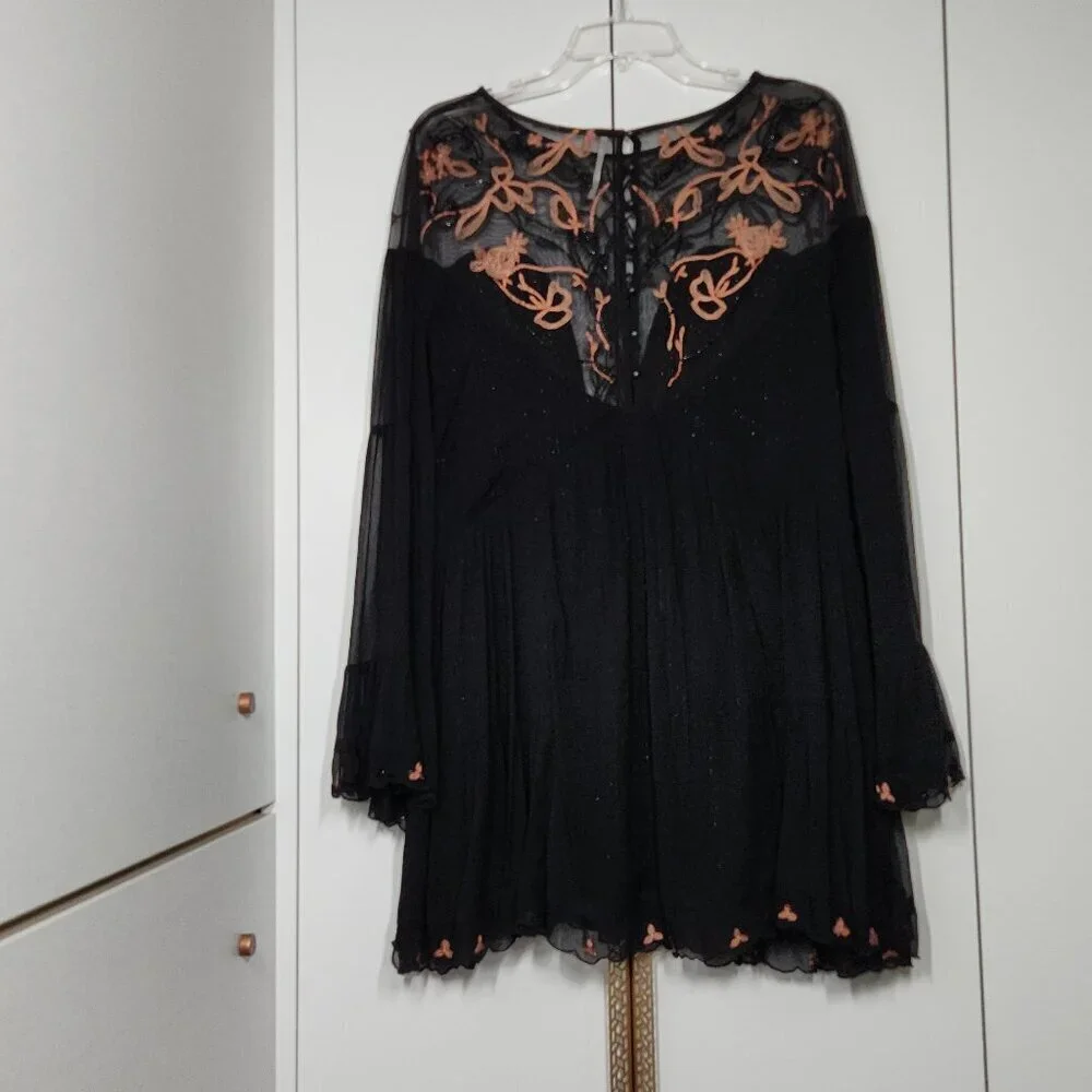 Free People Beaded Panama City Mini Dress Women's Size S Black